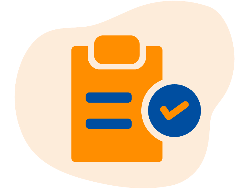 A graphic icon of an orange clipboard with blue lines and a blue circle containing an orange checkmark on the side, set against a light peach background.