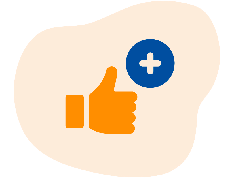 An orange thumbs-up icon with a blue circle containing a white plus sign, all set against a light peach organic shape.