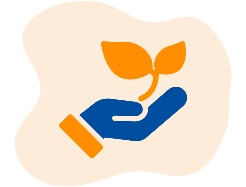 An icon depicting a blue hand holding a small orange plant with two leaves, symbolizing mentorship.