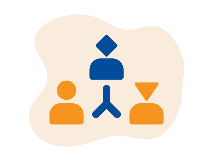An icon on an irregular orange background, showing a central blue figure with a diamond-shaped head and a tripod-like base, flanked by two orange figures with a circular head on the left and an inverted triangular head on the right. This represents community and network.