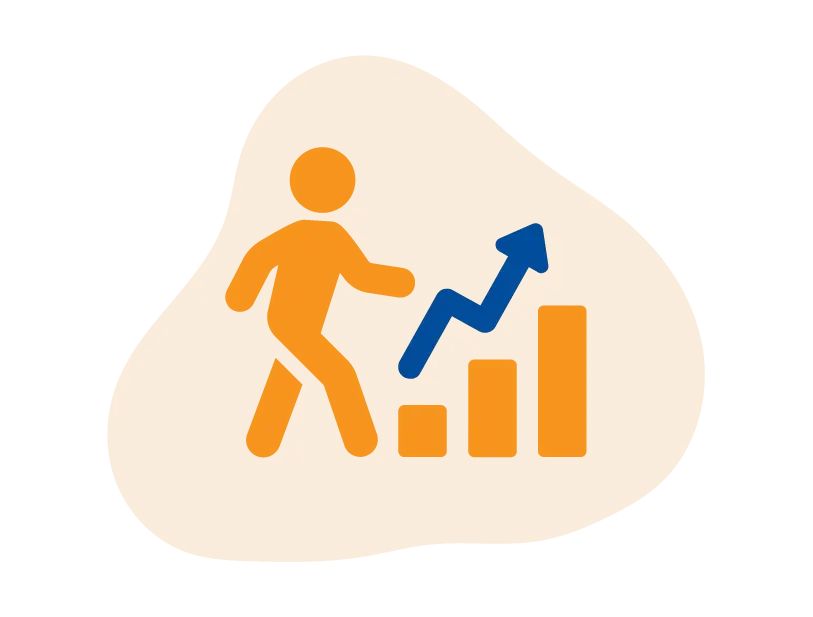An icon depicting a stick figure in orange walking towards an upward-trending bar graph with a blue arrow indicating career growth.