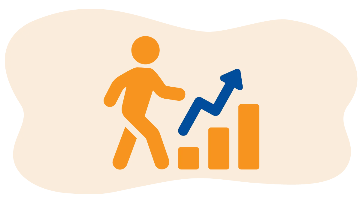 An icon depicting a stick figure in orange walking towards an upward-trending bar graph with a blue arrow indicating career growth.