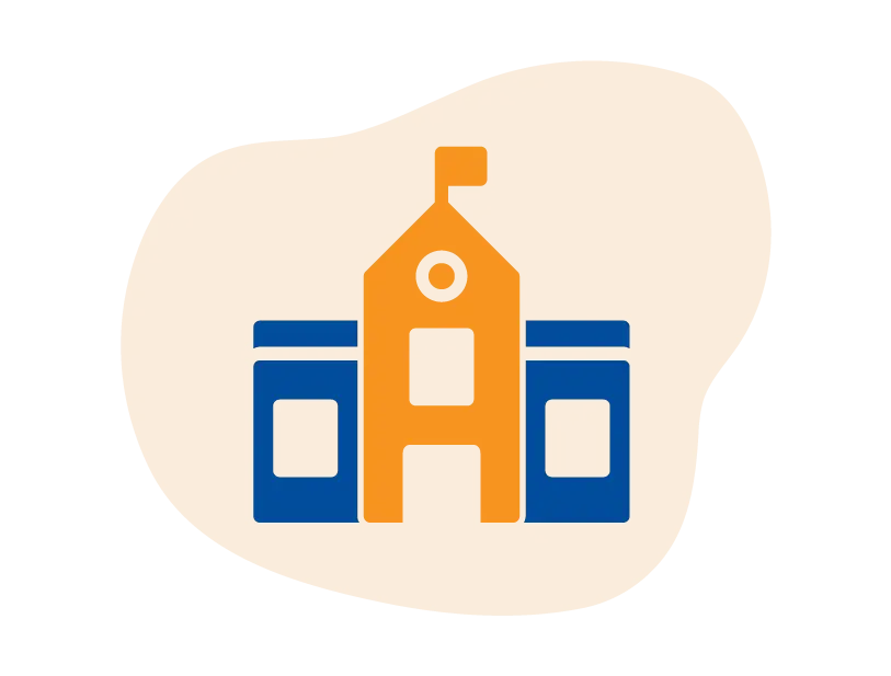 An icon of a school building with an orange main structure and flag, and two blue sections on either side, set on an irregular orange background.