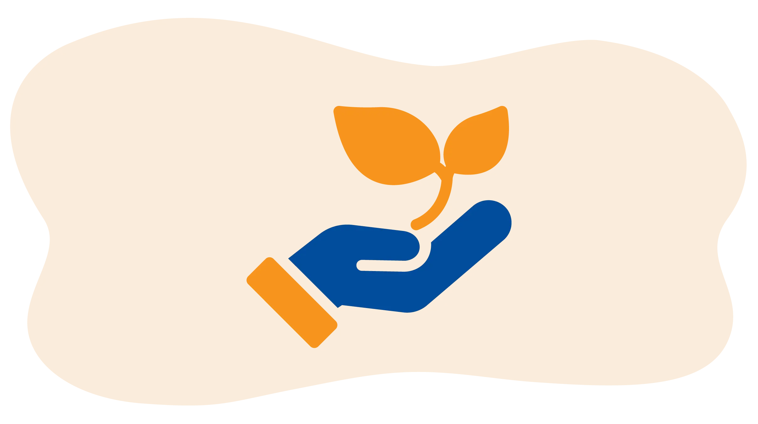 An icon of a blue hand with an orange cuff cradles an orange plant sprout with two leaves, symbolizing career growth.