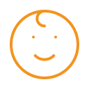 An orange outline of a happy baby face representing the benefit of being family friendly. Benefits include eight weeks of paid childcare leave, adoption reimbursement and SA lottery preference.