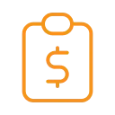 A orange outline of a clipboard with a dollar sign in the center representing financial security and retirement plans.